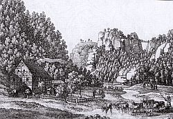 Hohnsteiner Schlomhle mit Hockstein von C.A.Richter um 1840